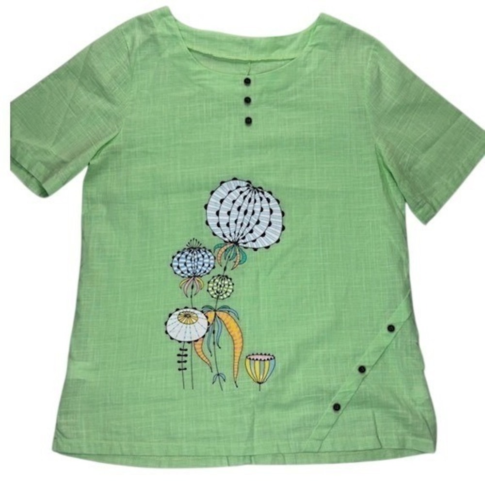 Women's 100% Cotton Lime Green Textured Blouse Floral Art Print Short Sleeve Top